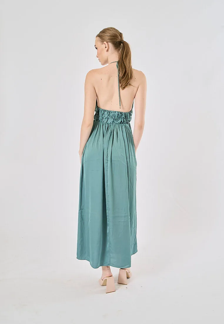 Vivid Teal Versatile Braided Strap Back Hollow Out Midi Dress