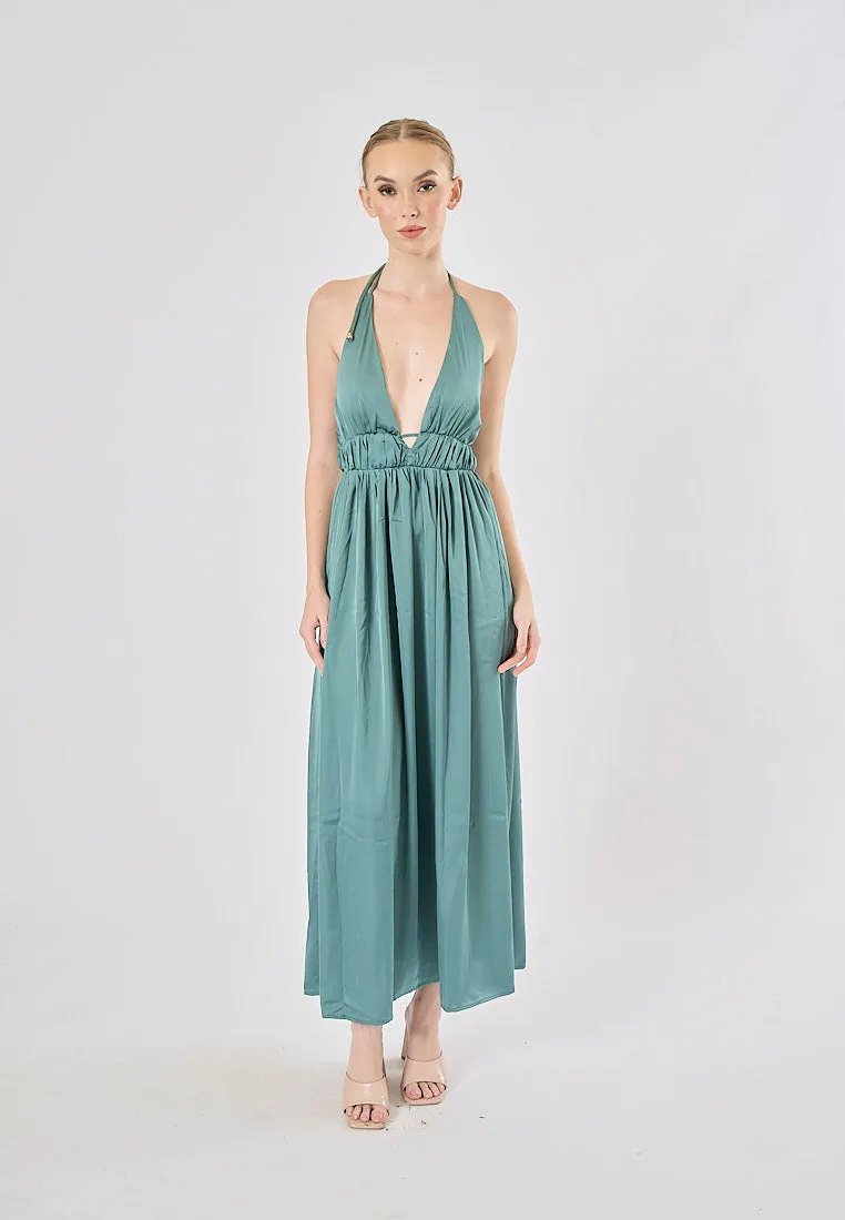 Vivid Teal Versatile Braided Strap Back Hollow Out Midi Dress