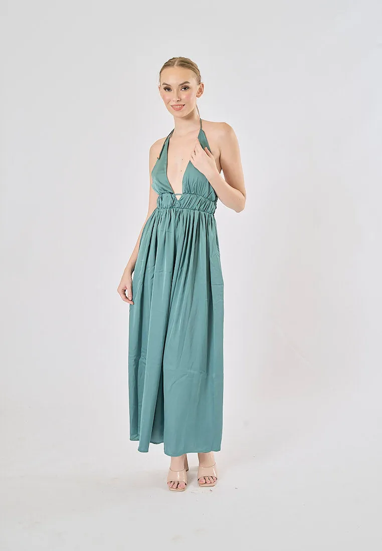 Vivid Teal Versatile Braided Strap Back Hollow Out Midi Dress