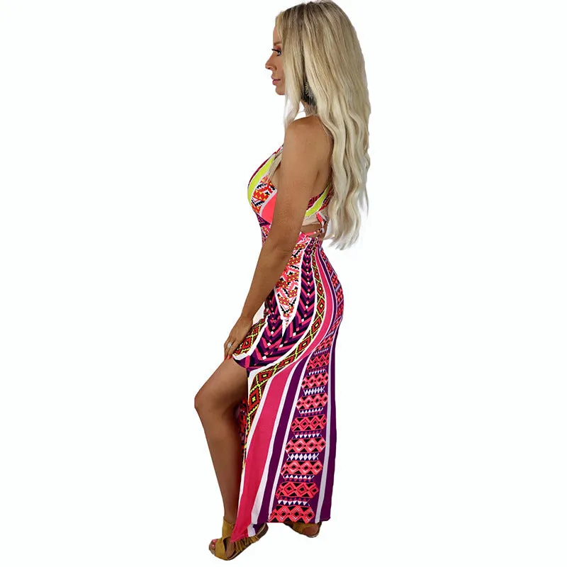 Women Wholesale Clothing Digital Printing Split Sexy Halter Strap Dress