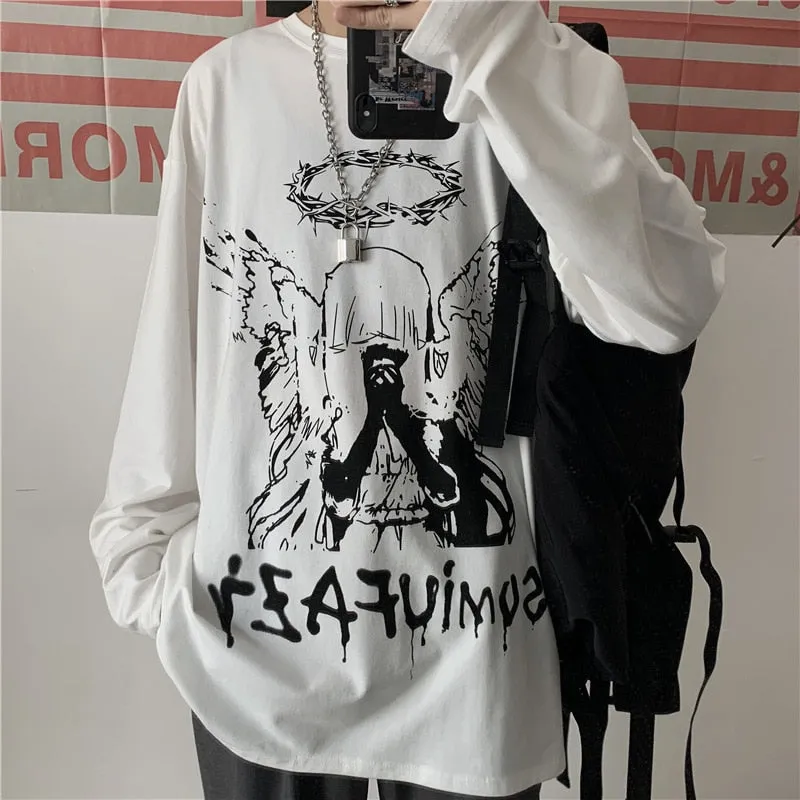 xiangtuibao Men Long Sleeve T-Shirts Autumn Print Gothic Vintage Ulzzang Cozy High Street Streetwear Trendy Baggy Korean Version Harajuku Bf