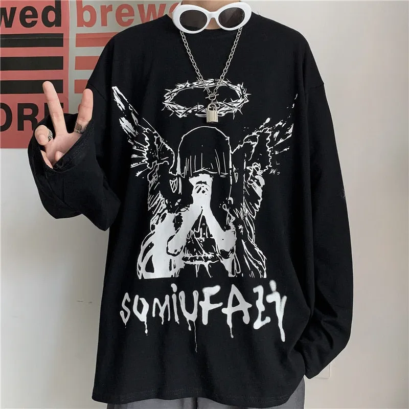 xiangtuibao Men Long Sleeve T-Shirts Autumn Print Gothic Vintage Ulzzang Cozy High Street Streetwear Trendy Baggy Korean Version Harajuku Bf